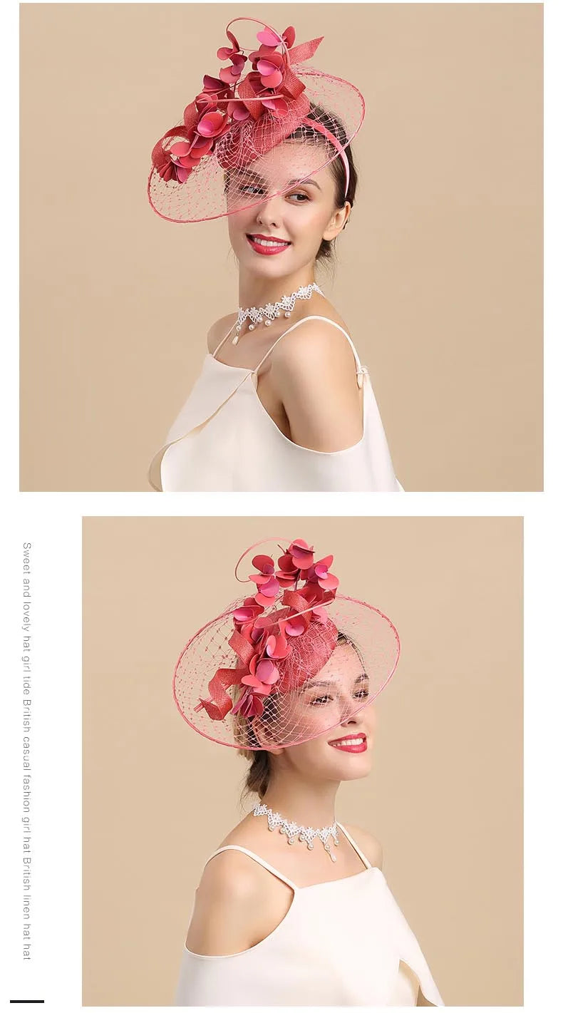 Tocado plato con flores y redecilla rosa – Disponible en varios colores