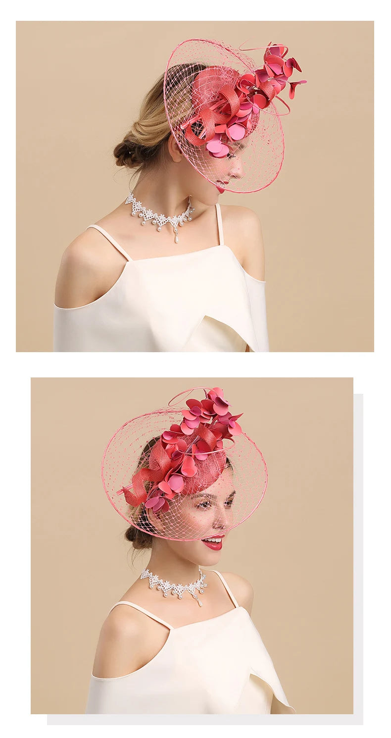 Tocado plato con flores y redecilla rosa – Disponible en varios colores
