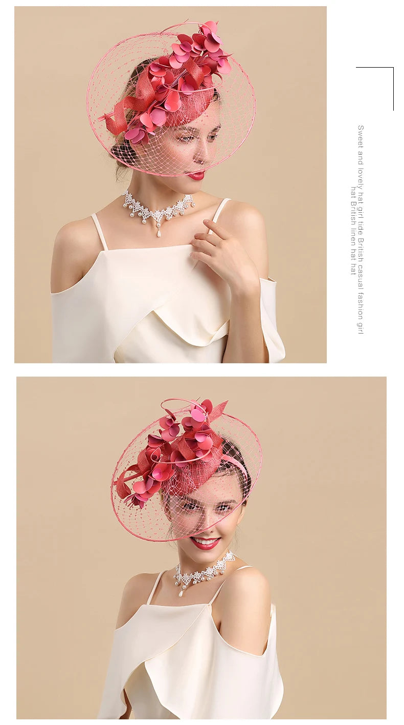 Tocado plato con flores y redecilla rosa – Disponible en varios colores