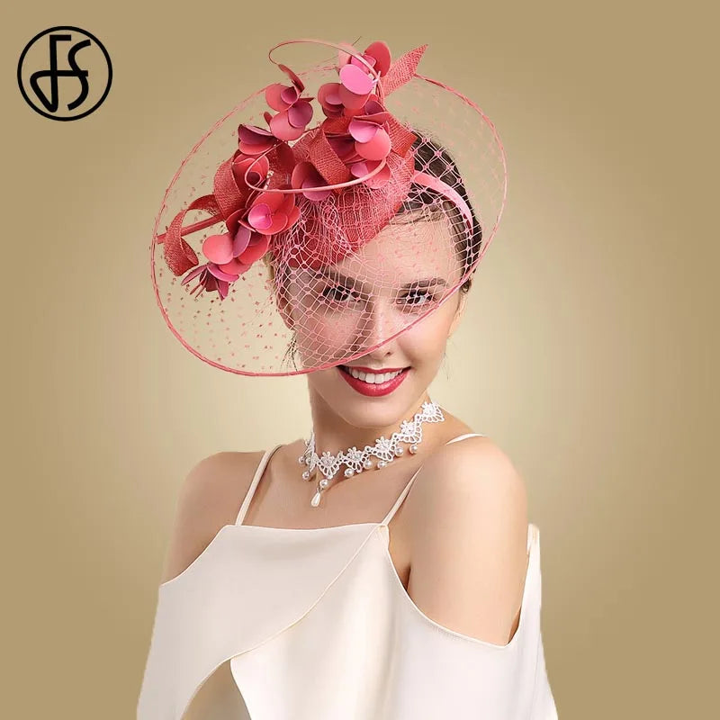 Tocado plato con flores y redecilla rosa – Disponible en varios colores